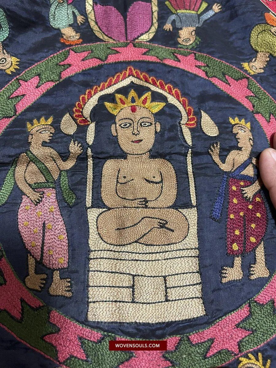 1541 SOLD Old Jain Pichvai Silk Mochi Embroidery Art  - Lord Mahavir