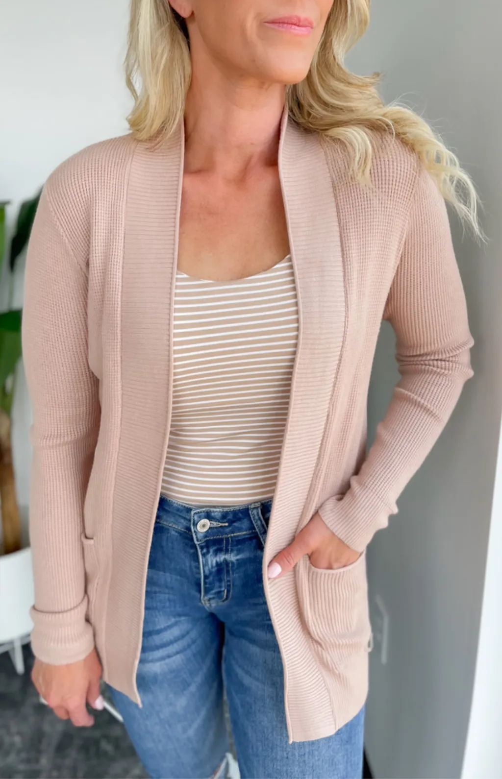Alexa Waffle Knit Open Front Cardigan