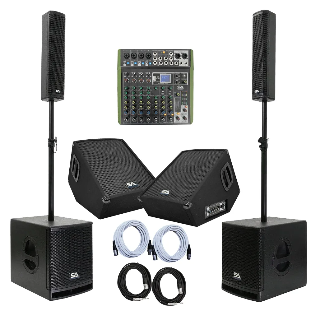 Apex-10S-PA Package - Powered Column Array PA System, Pair of 12" Powered Monitors, 10 Channel Mixer, and Cables