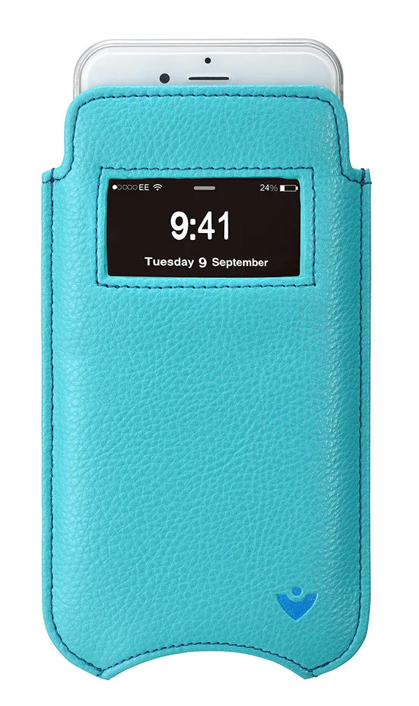 Apple iPhone 14 Pro Max Wallet Case in Teal Blue Vegan Leather | Screen Cleaning Sanitizing Lining | Smart Window