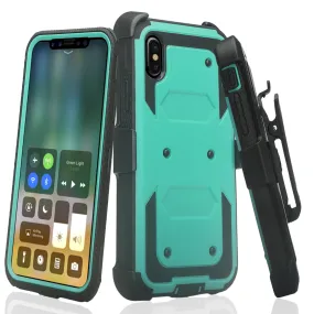 Apple iPhone XR Case, Apple A1984 Case,  Triple Protection 3-1 w/ Built in Screen Protector Heavy Duty Holster Shell Combo Case - Teal