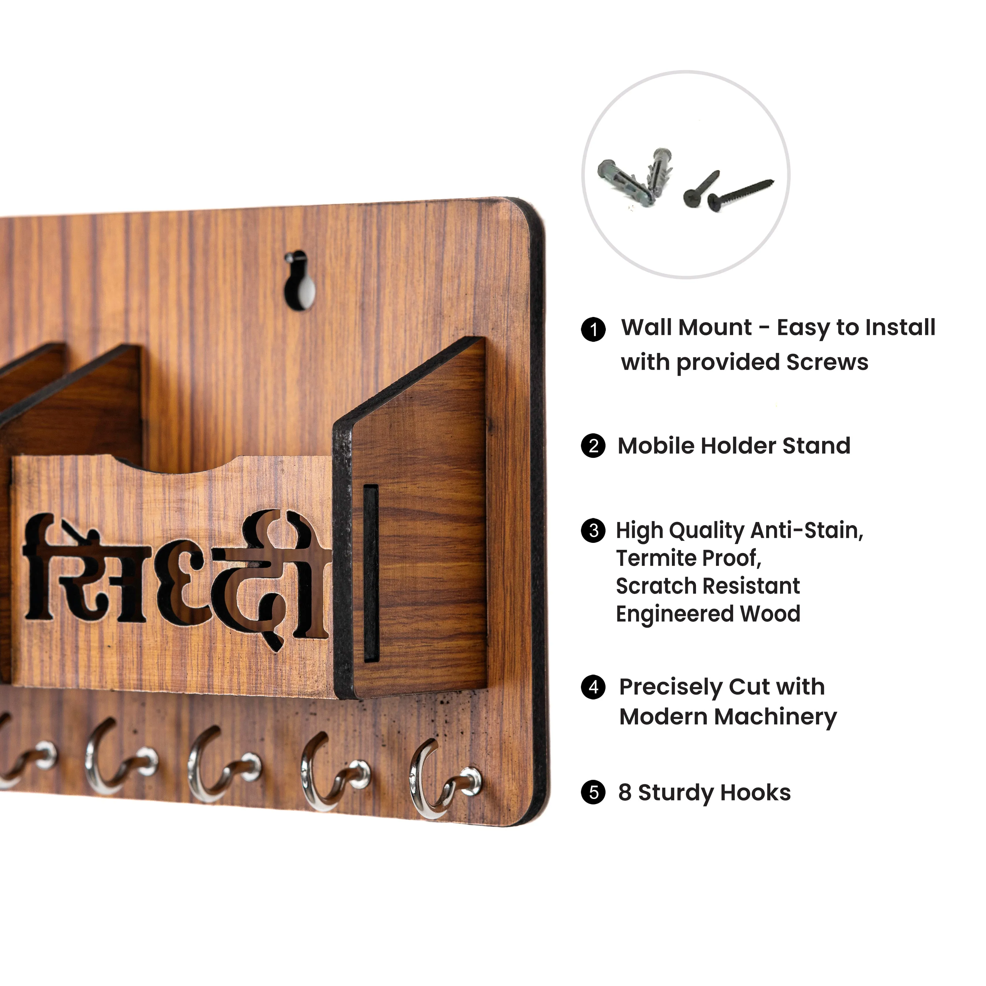 Artisanal Ridhi-Sidhi Wooden Key Hanger with Device Slot