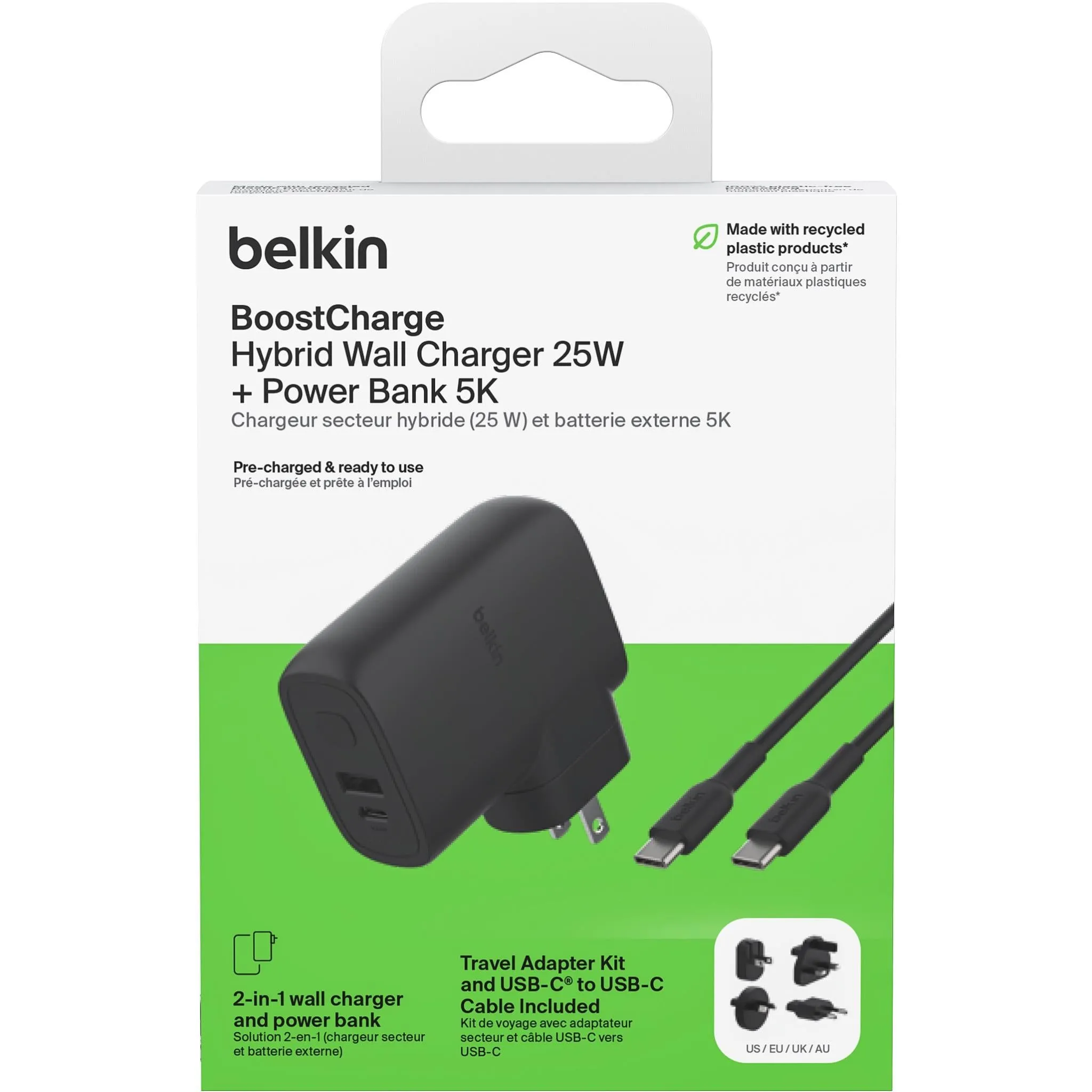 Belkin BoostCharge Hybrid Wall Charger 25W   Power Bank 5K with Travel Adapter Kit