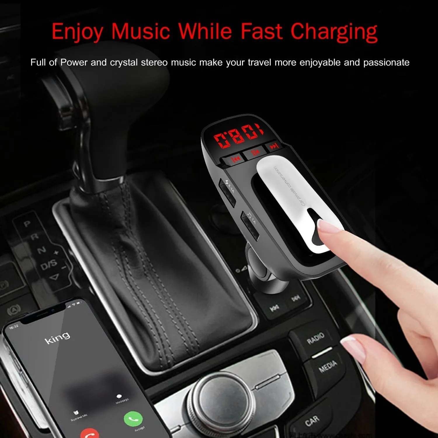 Car FM Transmitter with Wireless Earpiece 2 USB Charge Ports