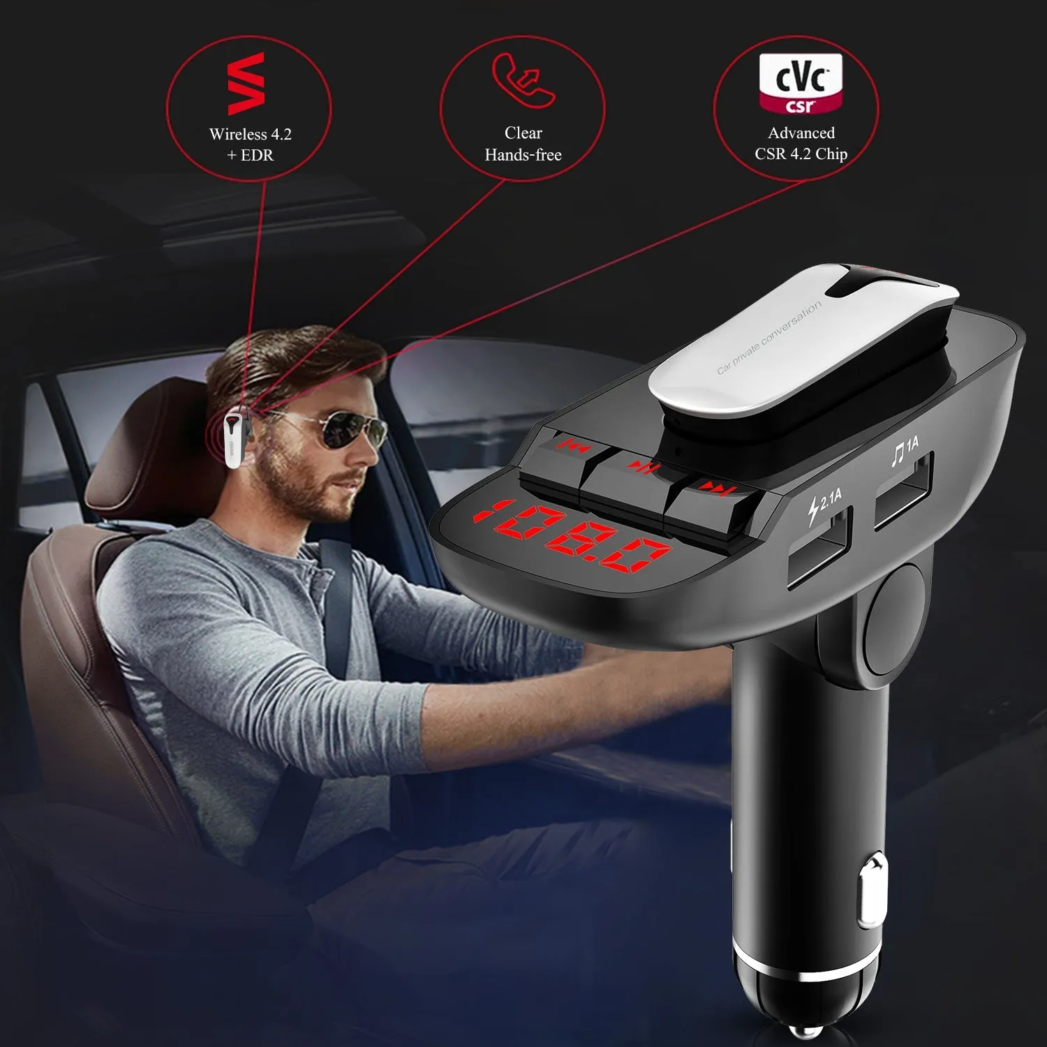 Car FM Transmitter with Wireless Earpiece 2 USB Charge Ports