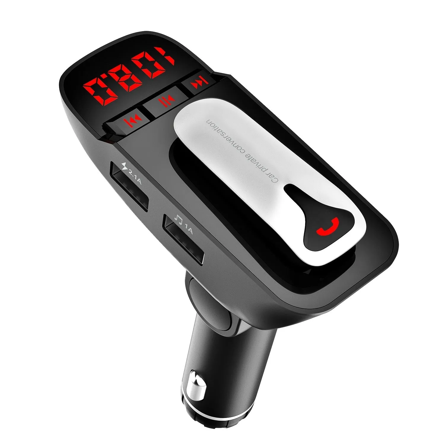 Car FM Transmitter with Wireless Earpiece 2 USB Charge Ports