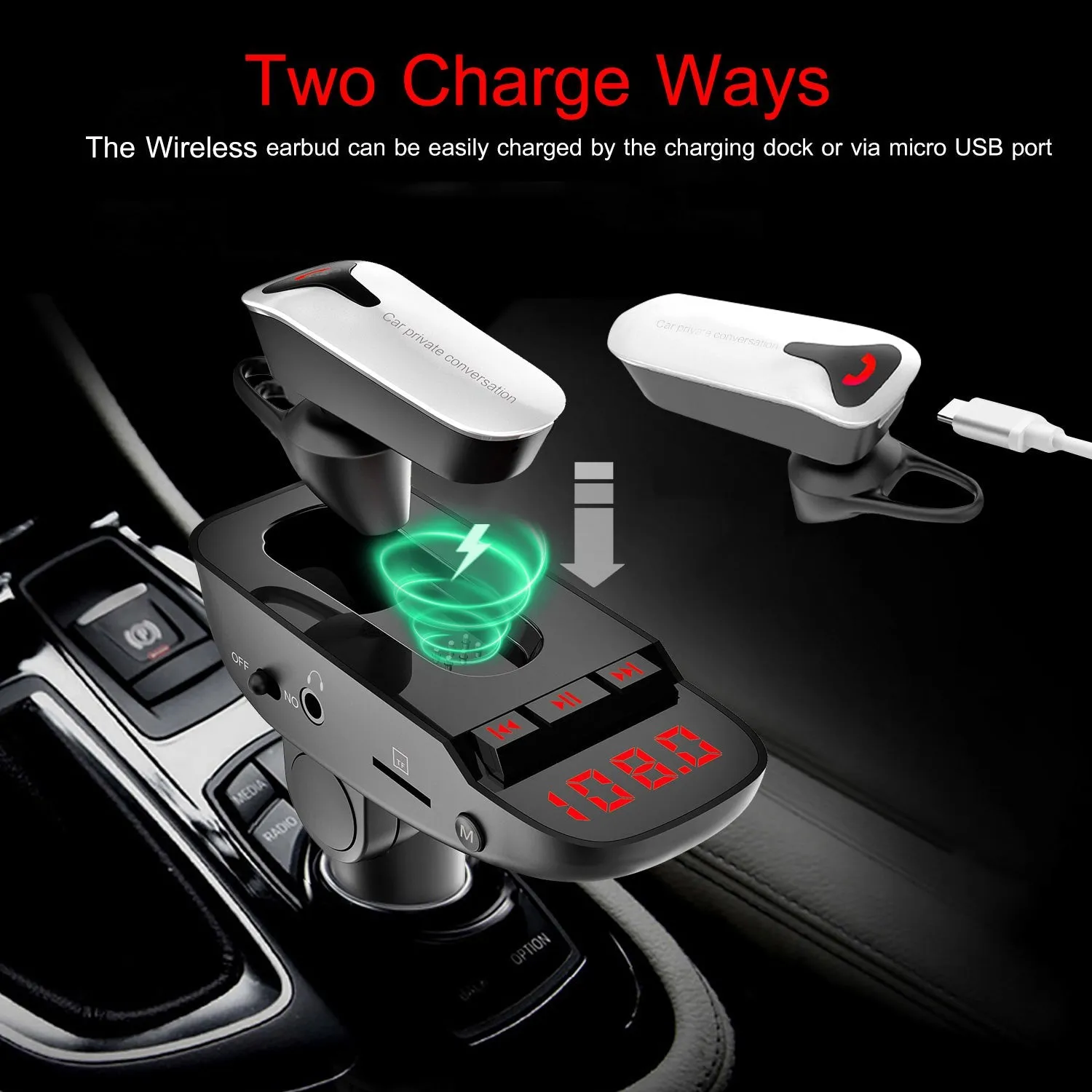 Car FM Transmitter with Wireless Earpiece 2 USB Charge Ports
