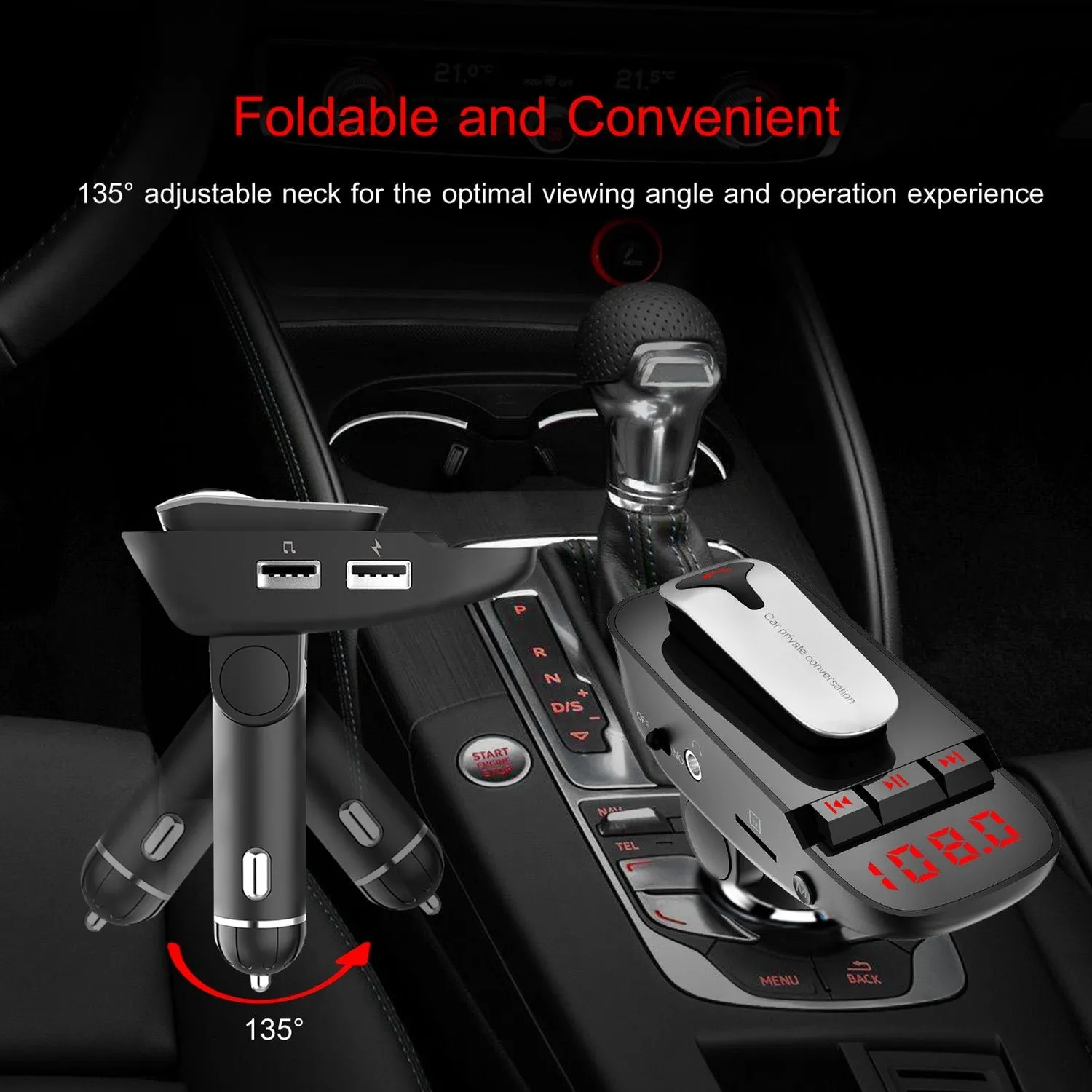 Car FM Transmitter with Wireless Earpiece 2 USB Charge Ports