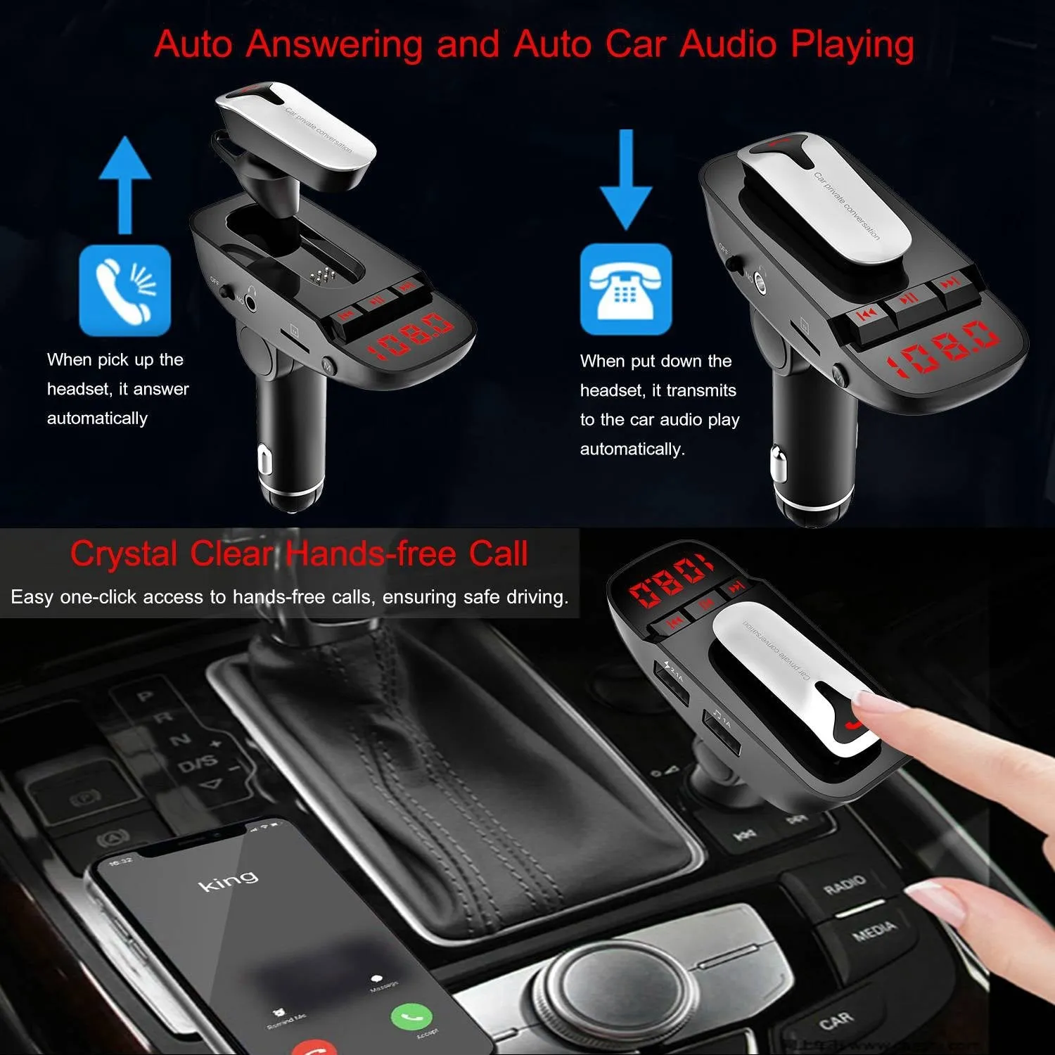 Car FM Transmitter with Wireless Earpiece 2 USB Charge Ports