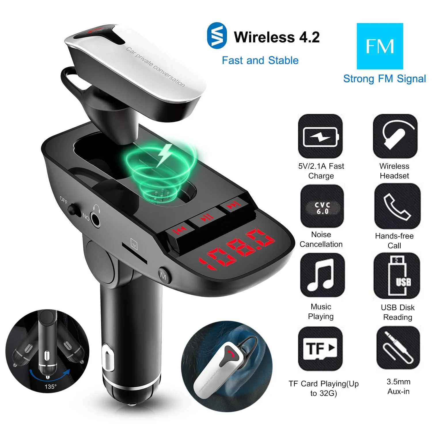 Car FM Transmitter with Wireless Earpiece 2 USB Charge Ports