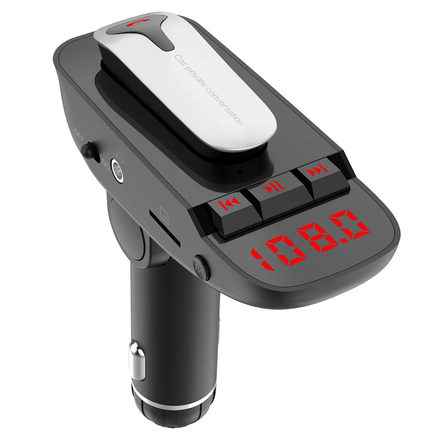 Car FM Transmitter with Wireless Earpiece 2 USB Charge Ports