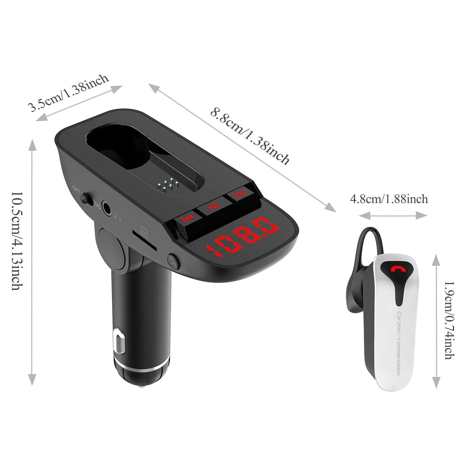 Car FM Transmitter with Wireless Earpiece 2 USB Charge Ports