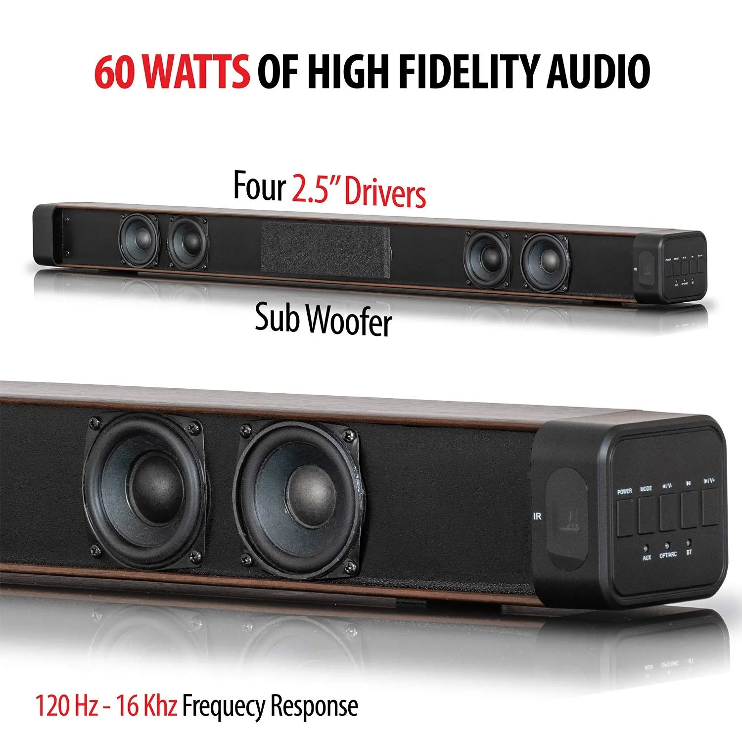 Deco Home 60W Soundbar with Dual Subwoofers and Multi-Input Connections