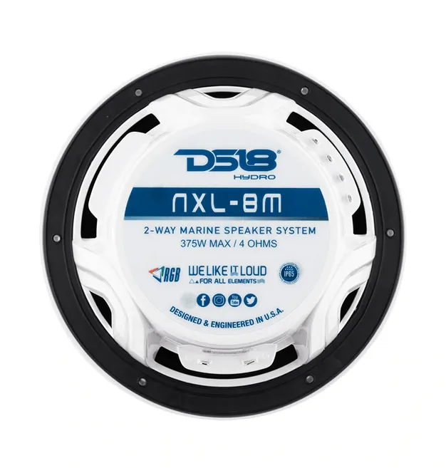 DS18 Hydro NXL-8M/WH 8" 375 Watt WHITE 2-Way Marine Speakers with Integrated RGB LED