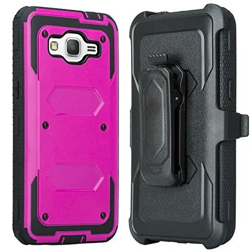Galaxy On5 Case, 3-in-1 Shockproof Armor [Built in Screen Protector] Heavy Duty Holster Shell Combo Case for Samsung Galaxy On5 - Purple/Black