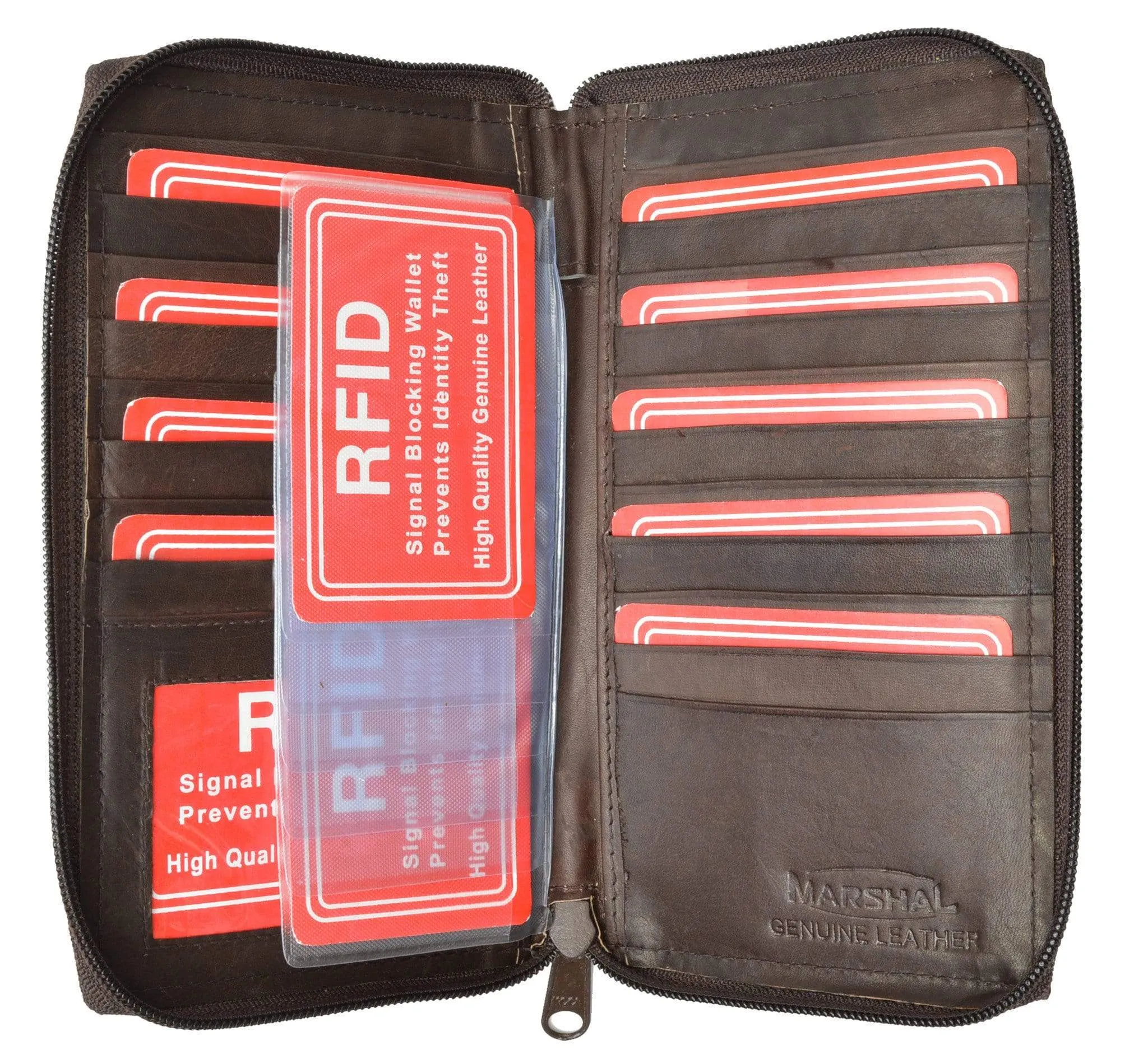 Genuine Leather Zip Around Credit Card Organizer Wallet with ID Window RFID 729 (C)
