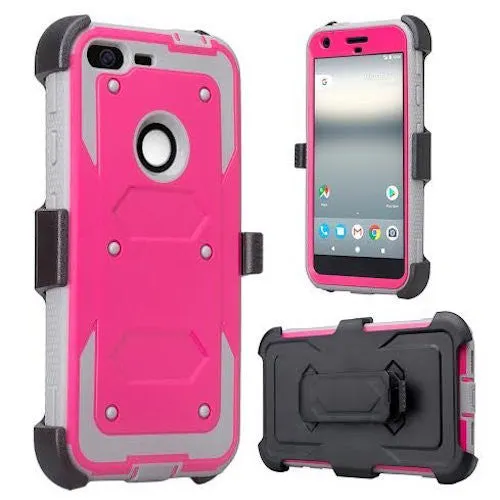 Google Pixel XL Case, Triple Protection 3-in-1 Shockproof Armor Holster Shell Combo Case w/ Built in Screen Protector for Google Pixel XL - Hot Pink