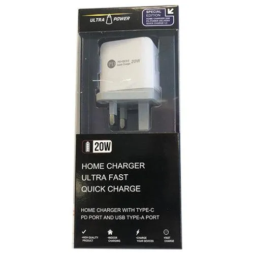 Homeline UltraPower 20W Home Charger with Type-C PD Port & USB Type-A Port - White | AC21202