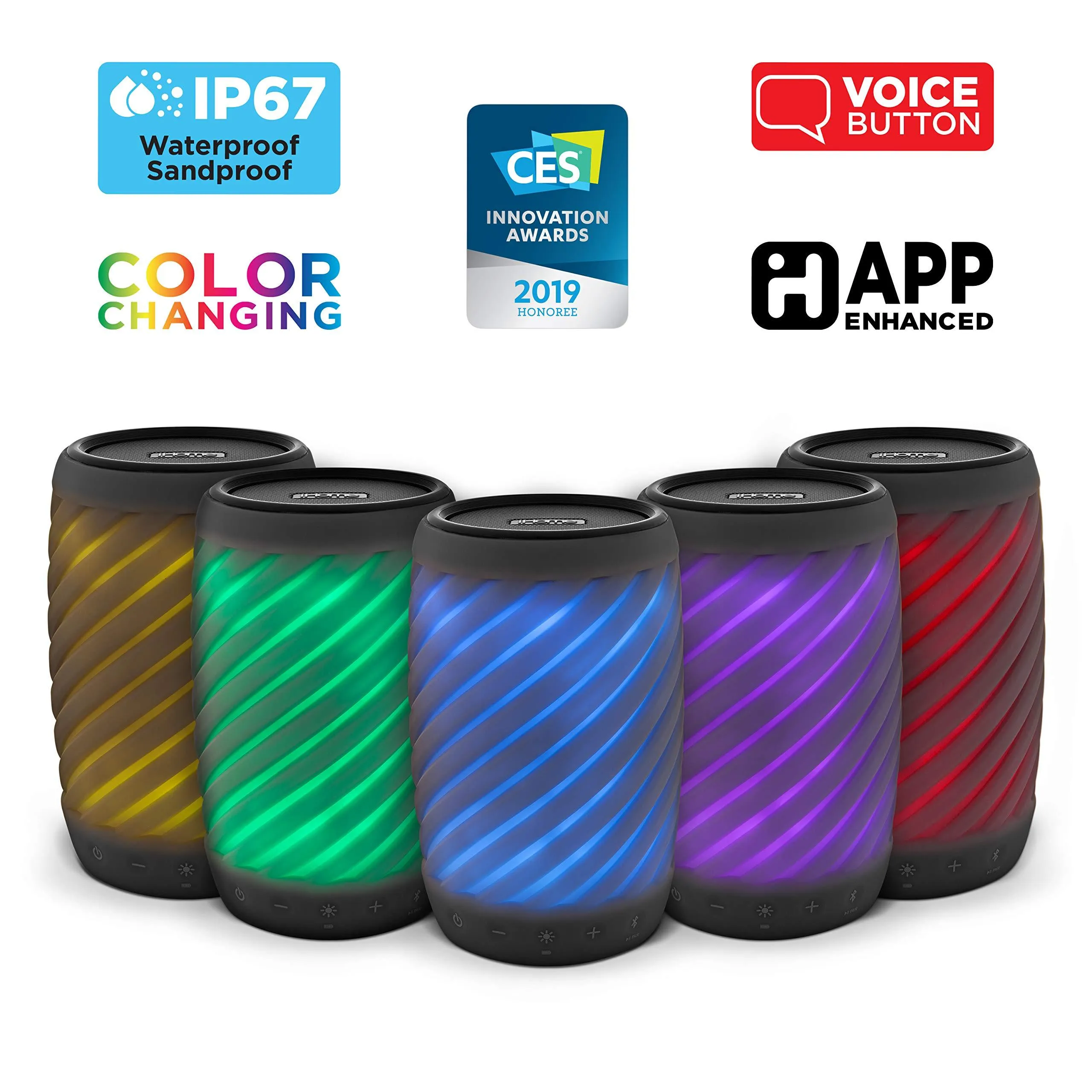 iHome Alexa Built-in Bluetooth Speaker Portable Wireless Color Changing Waterproof Rechargeable Lights Up to Music with Speakerphone, Carry Strap Perfect Party Speaker for Any Event IBT621