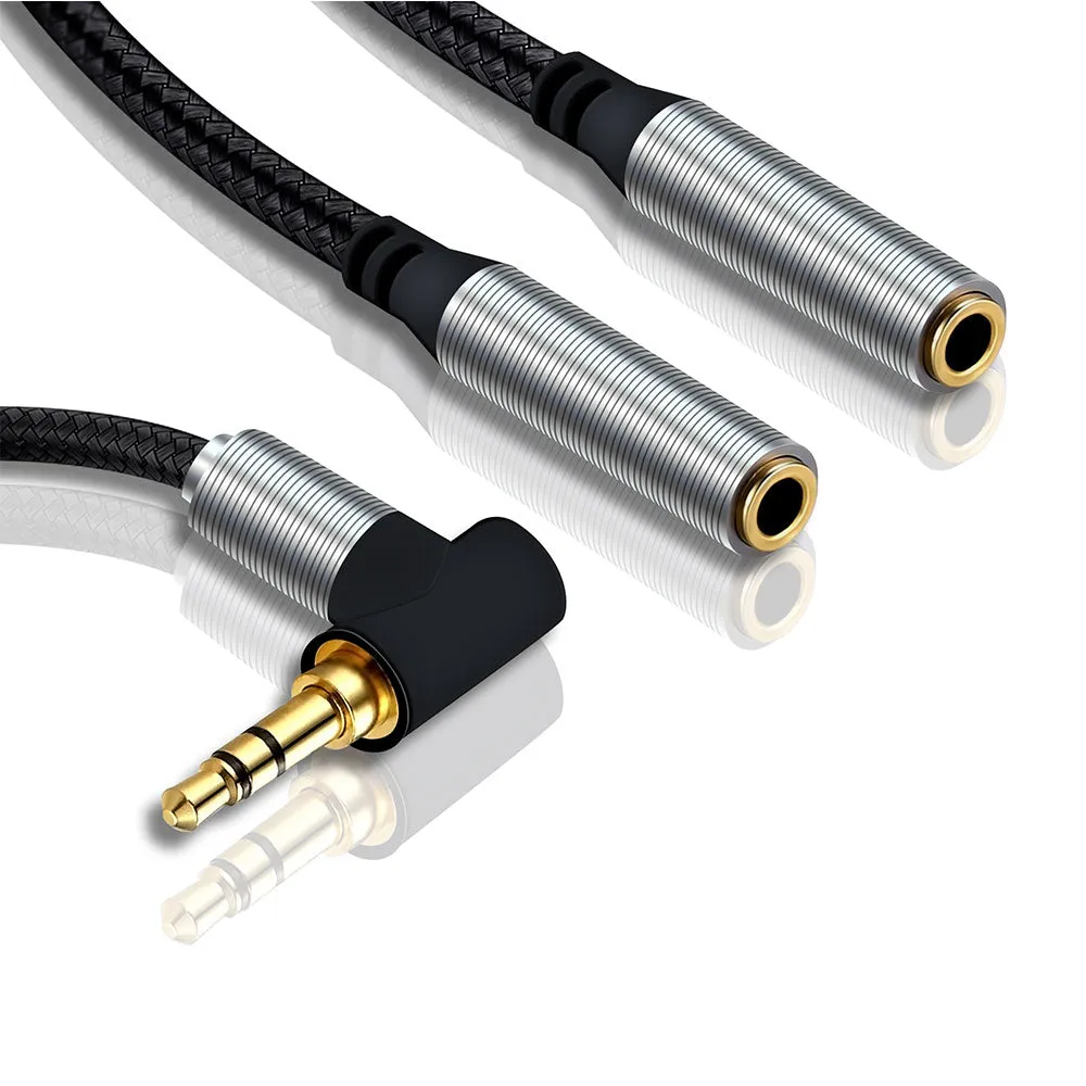 L-Shape Dual 3.5 mm Jack Audio Splitter Cable Nylon Braided