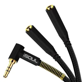L-Shape Dual Audio Jack Splitter Cable Nylon Braided Black