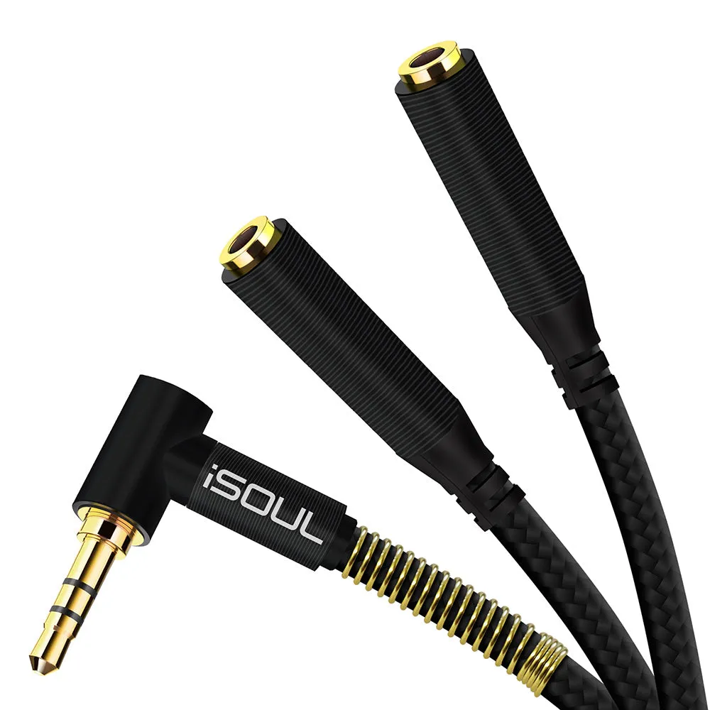 L-Shape Dual Audio Jack Splitter Cable Nylon Braided Black