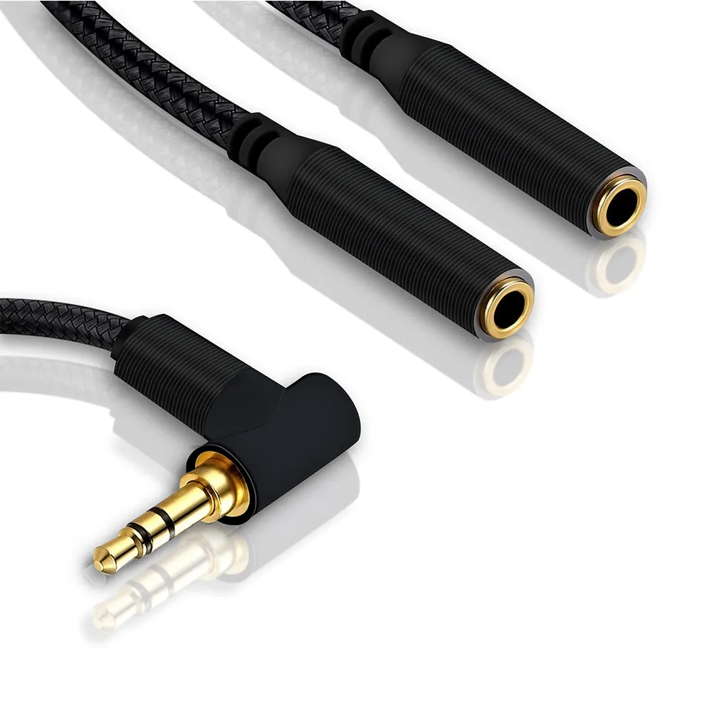 L-Shape Dual Audio Jack Splitter Cable Nylon Braided Black