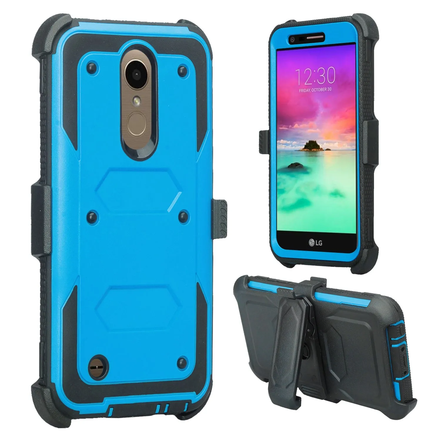 LG K10 (2018) Case, K30, Premier Pro, K10 Plus, Phoenix Plus, Xpression Plus, K10α, X4 Plus, X410, MS245, Triple Protection 3-1 w/ Built in Screen Protector Heavy Duty Holster Shell Combo Case - Blue