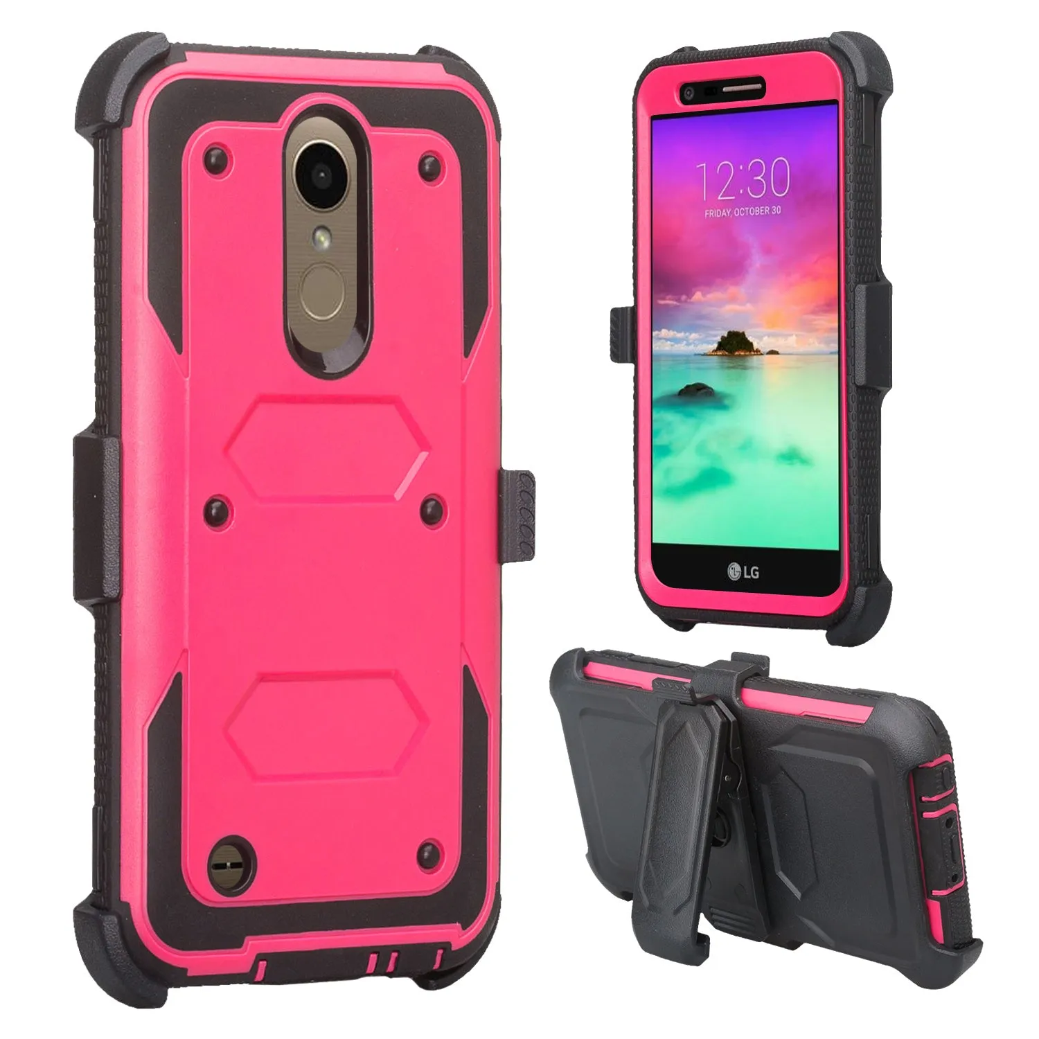 LG K10 (2018) Case, K30, Premier Pro, K10 Plus, Phoenix Plus, Xpression Plus, K10α, X4 Plus, X410, MS245, Triple Protection 3-1 w/ Built in Screen Protector Heavy Duty Holster Shell Combo Case - Hot Pink