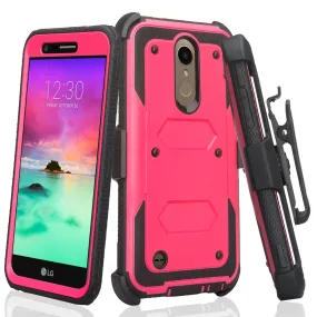 LG K10 (2018) Case, K30, Premier Pro, K10 Plus, Phoenix Plus, Xpression Plus, K10α, X4 Plus, X410, MS245, Triple Protection 3-1 w/ Built in Screen Protector Heavy Duty Holster Shell Combo Case - Hot Pink