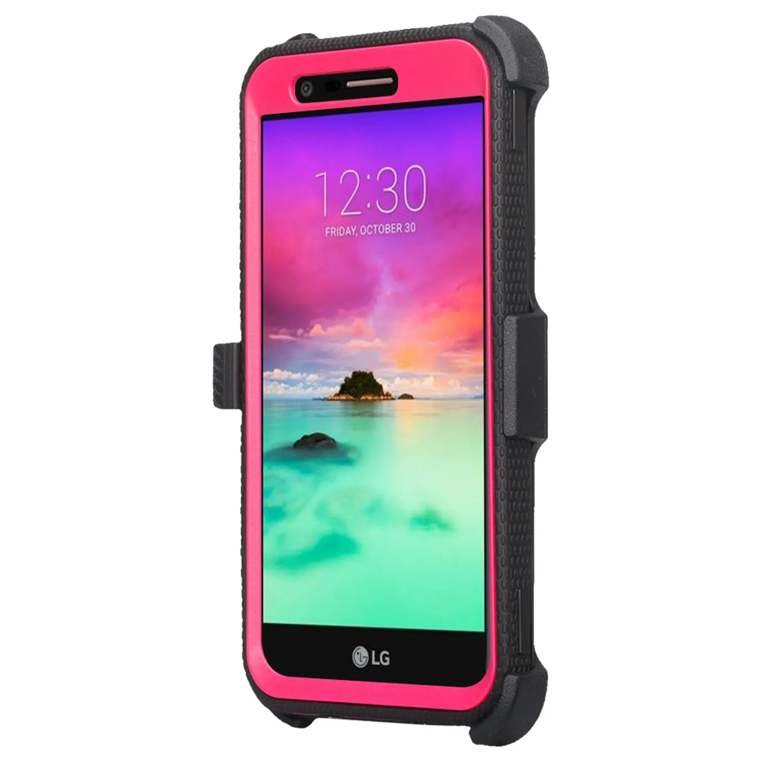 LG K10 (2018) Case, K30, Premier Pro, K10 Plus, Phoenix Plus, Xpression Plus, K10α, X4 Plus, X410, MS245, Triple Protection 3-1 w/ Built in Screen Protector Heavy Duty Holster Shell Combo Case - Hot Pink