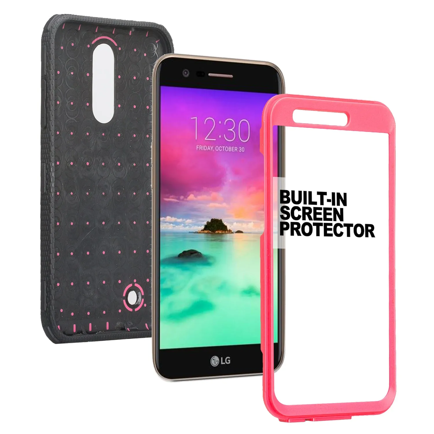 LG K10 (2018) Case, K30, Premier Pro, K10 Plus, Phoenix Plus, Xpression Plus, K10α, X4 Plus, X410, MS245, Triple Protection 3-1 w/ Built in Screen Protector Heavy Duty Holster Shell Combo Case - Hot Pink