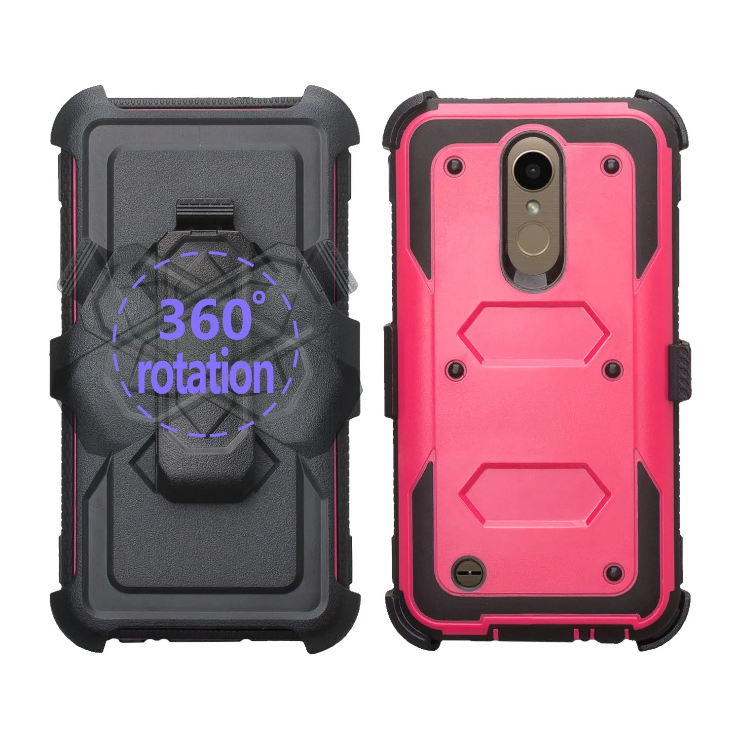 LG K10 (2018) Case, K30, Premier Pro, K10 Plus, Phoenix Plus, Xpression Plus, K10α, X4 Plus, X410, MS245, Triple Protection 3-1 w/ Built in Screen Protector Heavy Duty Holster Shell Combo Case - Hot Pink