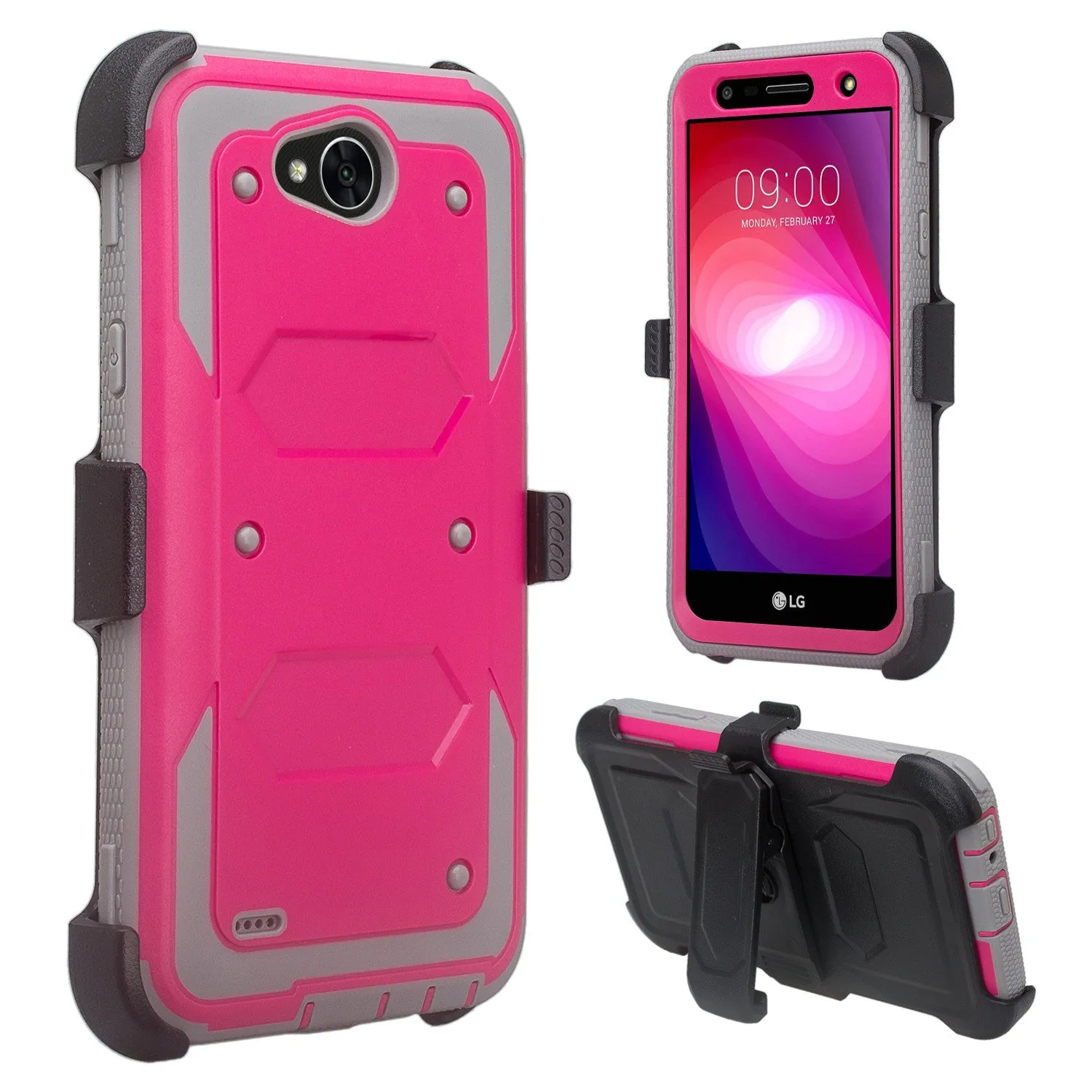 LG X Power 2 Case, LG X Charge, LG Fiesta 2, Fiesta, LG K10 Power, Triple Protection 3-1 w/ Built in Screen Protector Heavy Duty Holster Shell Combo Clip Case Cover - Hot Pink