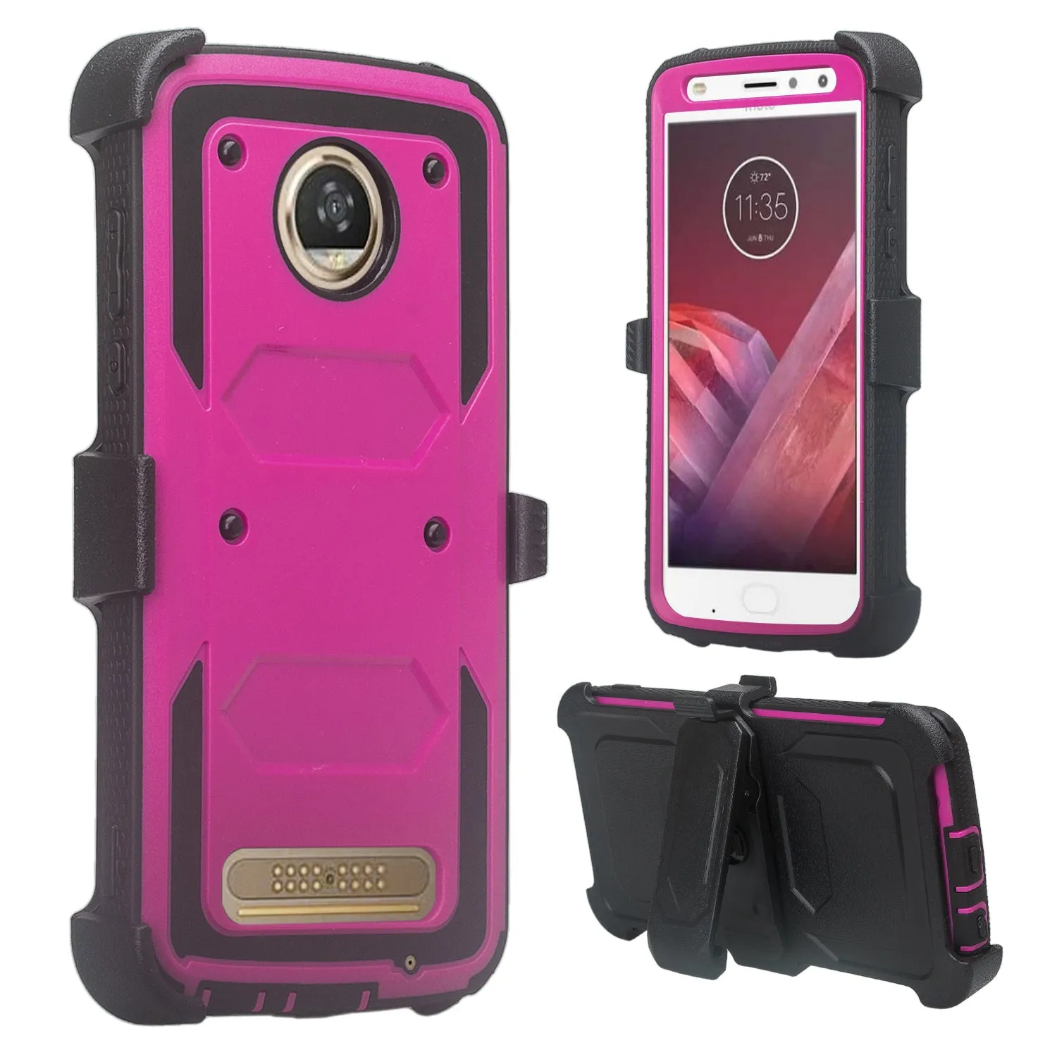 Motorola Moto Z2 Play Case,  Triple Protection 3-1 w/ Built in Screen Protector Heavy Duty Holster Shell Combo Case - Purple