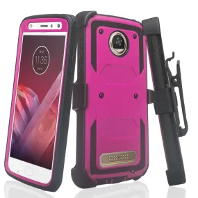 Motorola Moto Z2 Play Case,  Triple Protection 3-1 w/ Built in Screen Protector Heavy Duty Holster Shell Combo Case - Purple