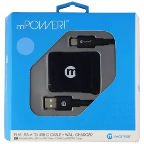 mPower! (3-Foot) Flat USB-A to USB-C Cable   Dual USB 3.4A Wall Charger - Black