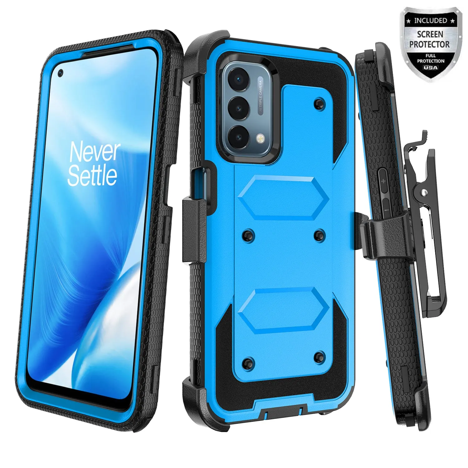 OnePlus Nord N200 5G Case, Nord N200 5G Case, Triple Protection 3-1 w/ Built in Screen Protector Heavy Duty Holster Shell Combo Clip Cover - Blue