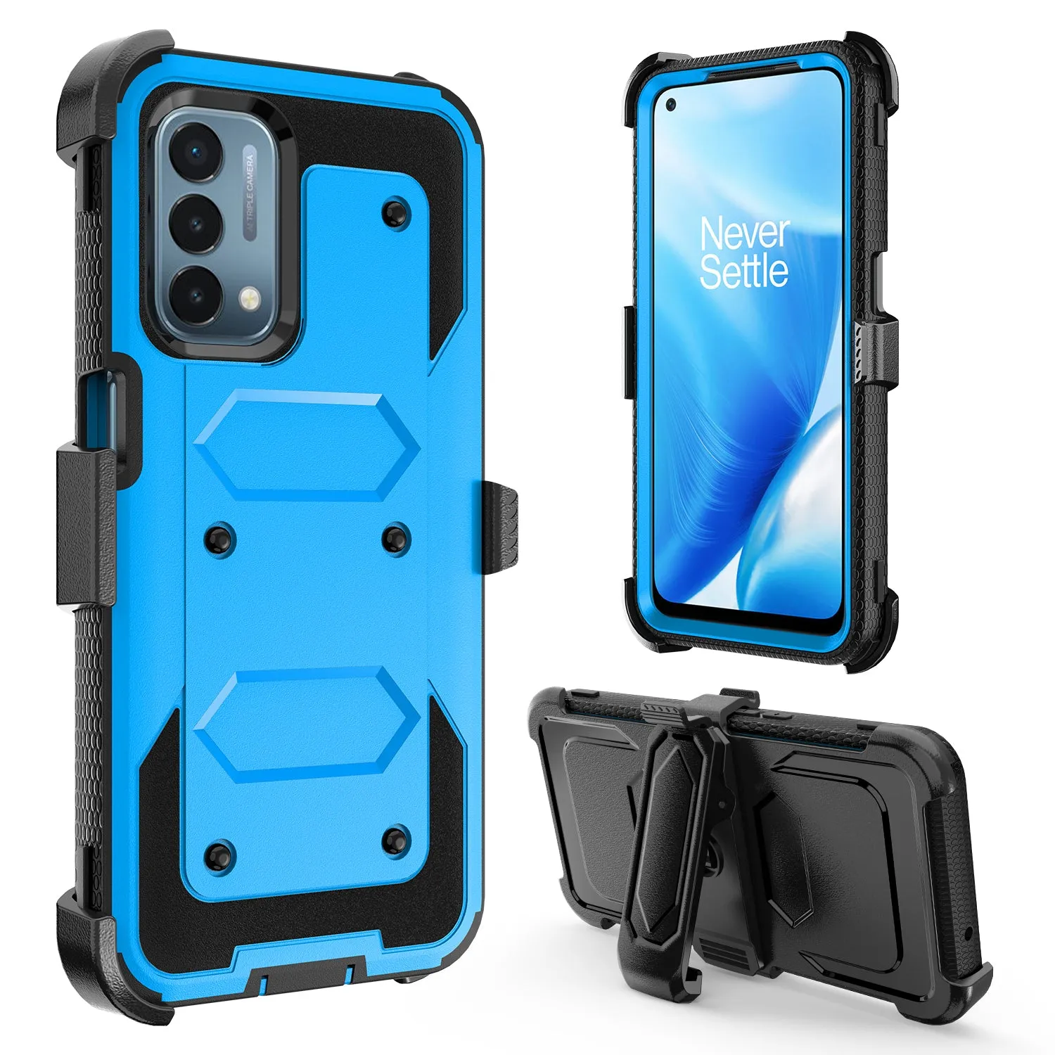 OnePlus Nord N200 5G Case, Nord N200 5G Case, Triple Protection 3-1 w/ Built in Screen Protector Heavy Duty Holster Shell Combo Clip Cover - Blue