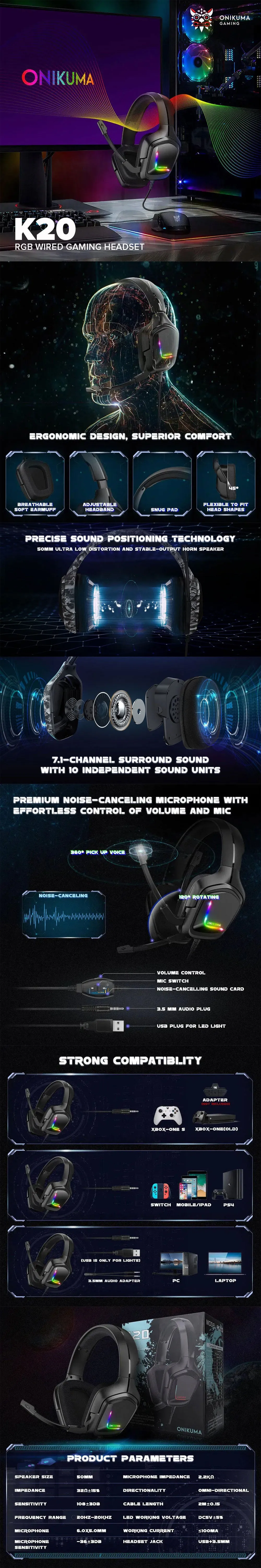 ONIKUMA K20 Wired Gaming Headsets With Microphone