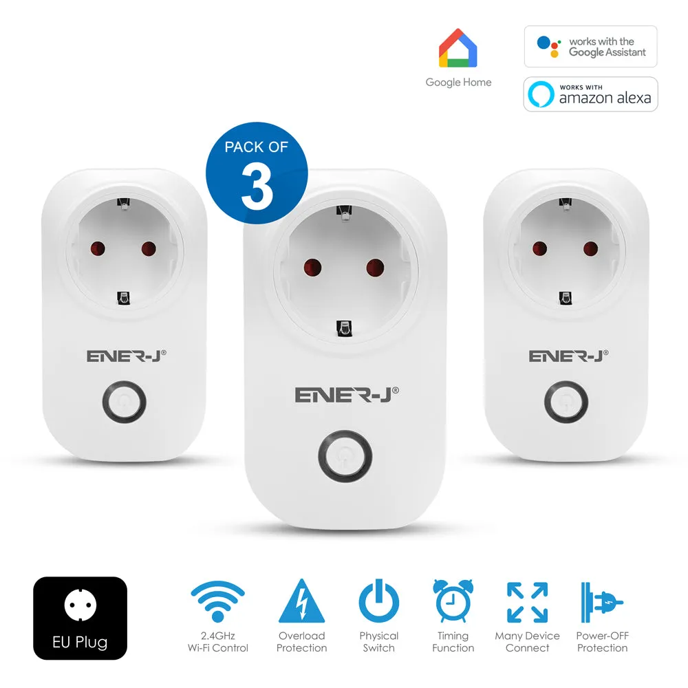 Pack of 3 Wi-Fi Smart Plug EU Outlet with Energy Monitoring, Works with Amazon Alexa, Google Home, Wireless Smart Socket Remote Control Timer Plug Switch, No Hub Required. Max Load 1600W