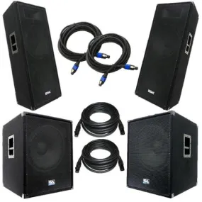 Pair of Dual 15" PA DJ Speakers, Pair of Powered 18" Subs, and Cables