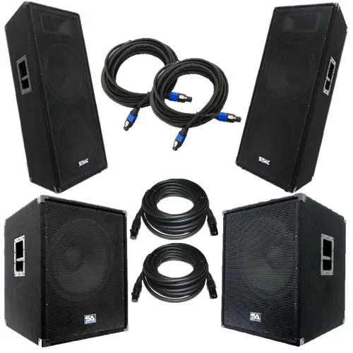 Pair of Dual 15" PA DJ Speakers, Pair of Powered 18" Subs, and Cables