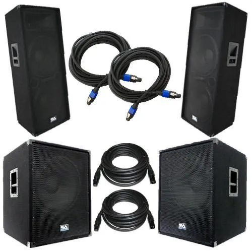 Pair of Dual 15" PA Speakers, Pair of Powered 18" Subs, and Cables