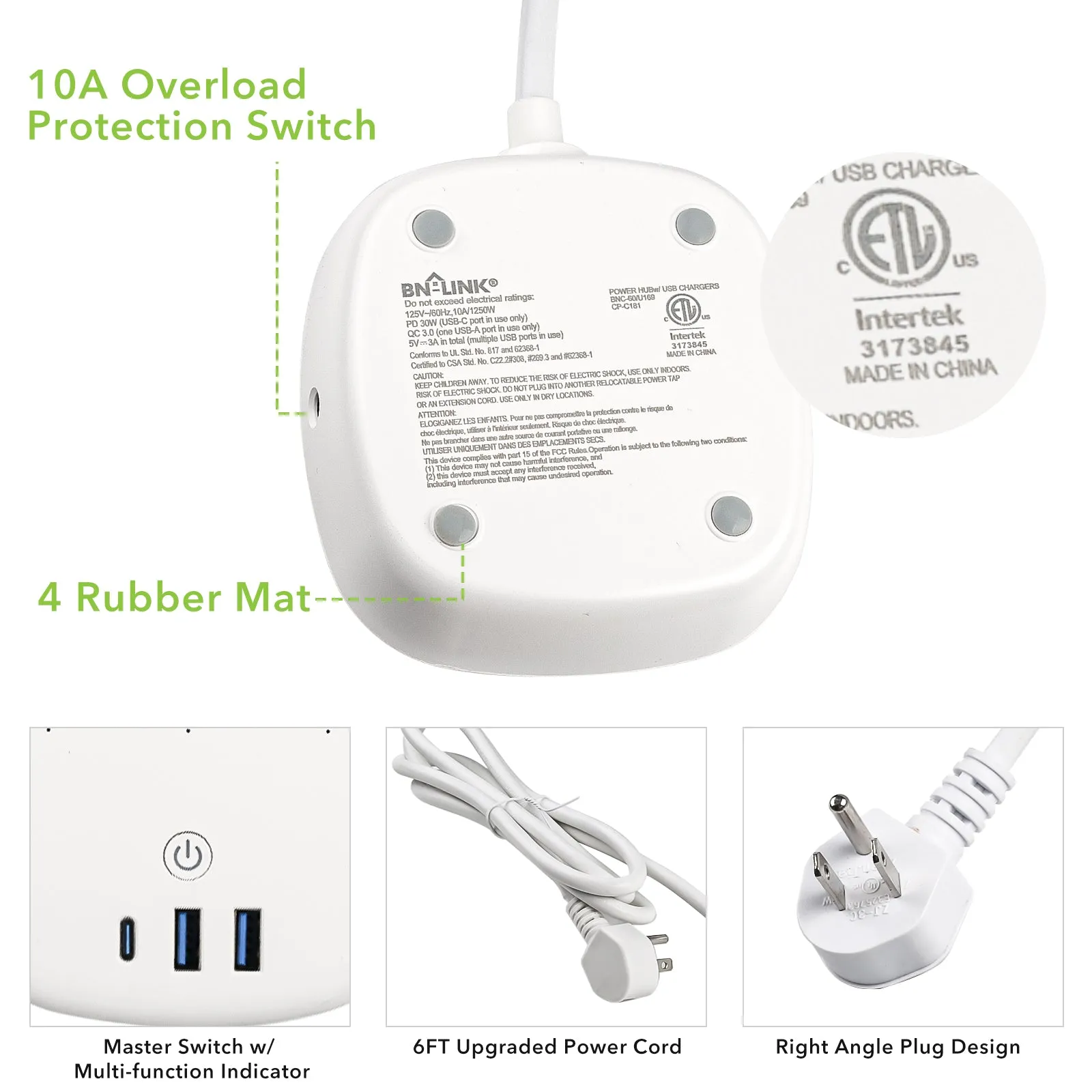Power Strip with 3 Outlet & 3 USB - 6 FT Cord with Low Profile Flat Plug BN-LINK