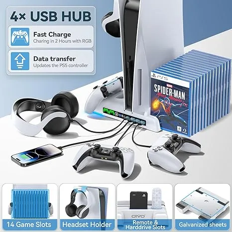 Power Up Your Play: PS5 Stand & Cooling Station with RGB Charger & USB Hub