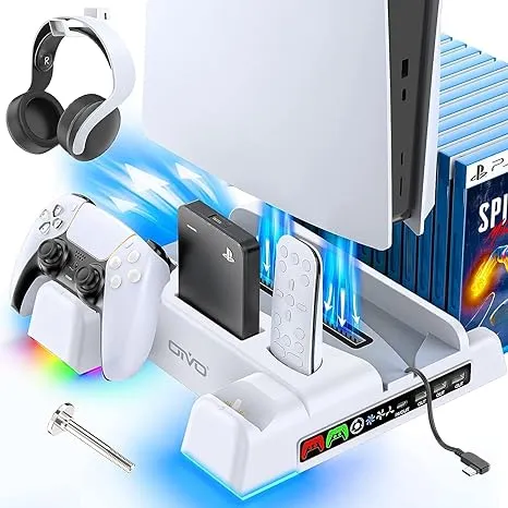 Power Up Your Play: PS5 Stand & Cooling Station with RGB Charger & USB Hub