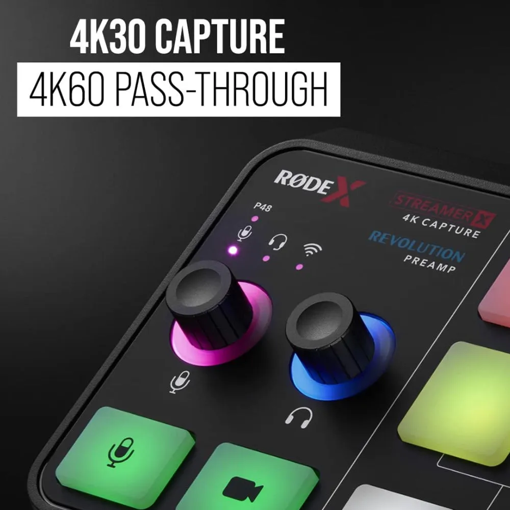 RODE Streamer X Audio Interface and Video Capture Card with Max 4K 60Hz HDR via HDMI, 4 Programmable Smart Pads, Revolution Preamps, 2 USB-C Ports and Headphone / Headset Jack for Live Streaming, Gaming, Recording and Podcasting