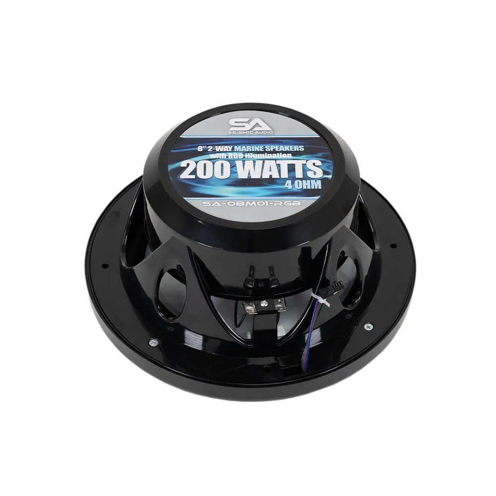 SA-08M01B-RGB - Pair of Black 8 Inch 200 Watt 2-Way Waterproof Boat/Marine Speakers with RGB Lights