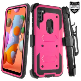 Samsung Galaxy A11 Case, Galaxy A11 Case,  Triple Protection 3-1 w/ Built in Screen Protector Heavy Duty Holster Shell Combo Case - Hot Pink